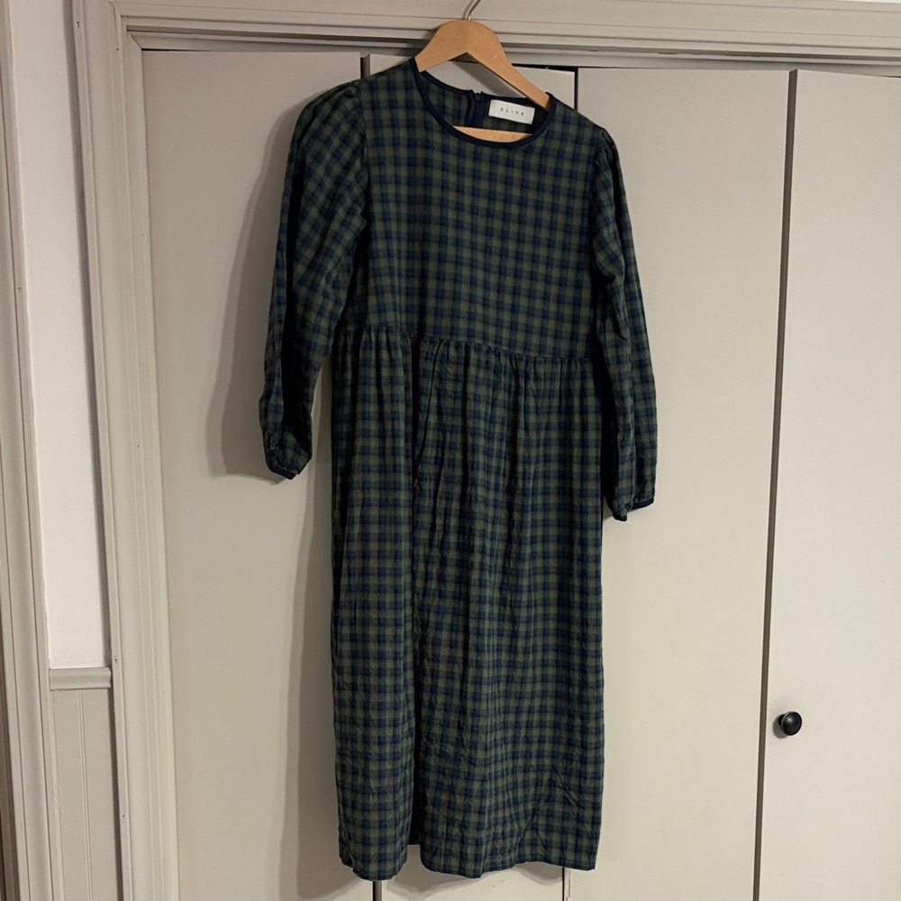 Olive Dark Green and Navy Plaid Midi Dress